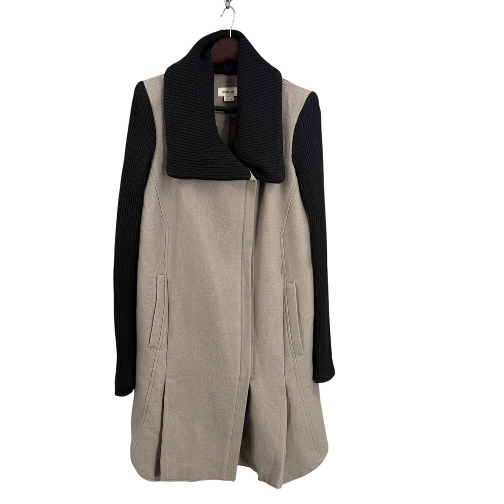 Helmut Lang Beige Coat with Black Knit Sleeves & Collar
